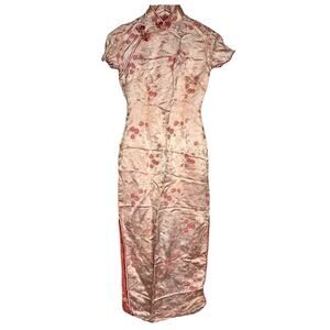 Vintage 40s Cheongsam Qipao Dress Handmade Brocade Floral Pink 32, fits XS